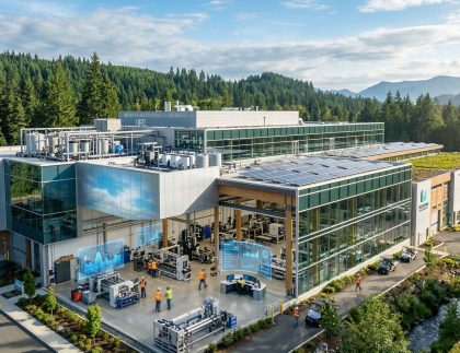 A modern industrial facility showing advanced water management and sustainability systems for 2026 compliance.