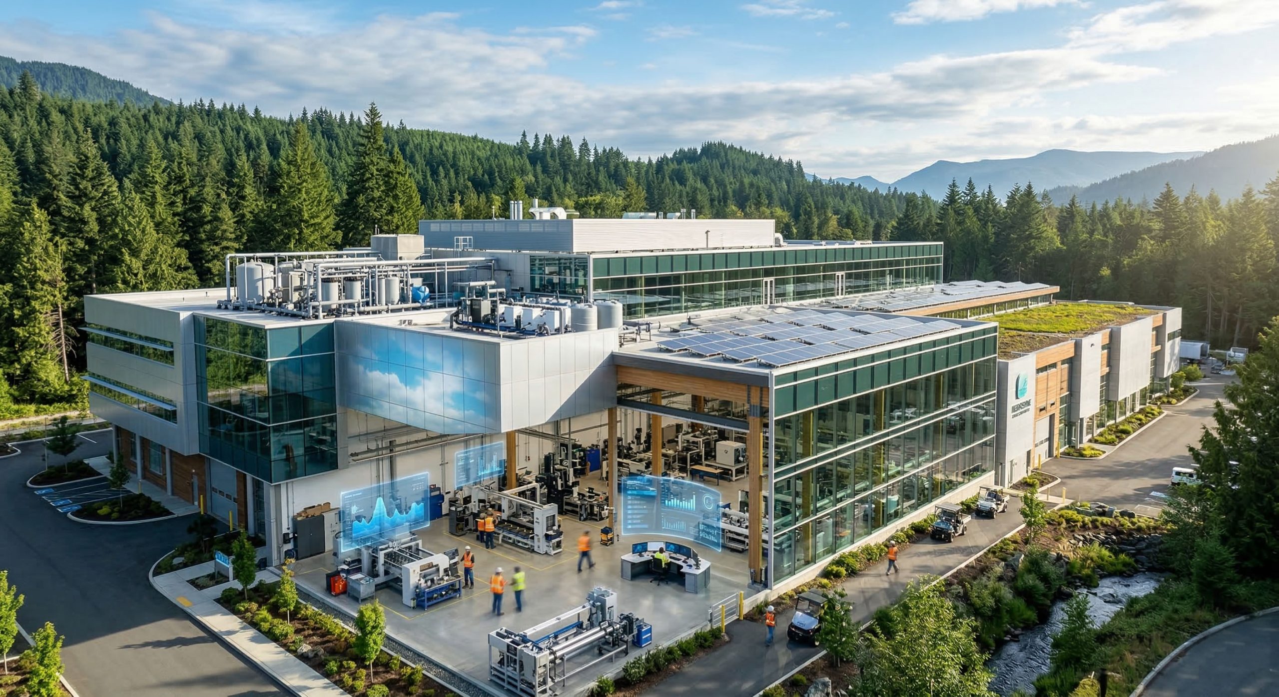 A modern industrial facility showing advanced water management and sustainability systems for 2026 compliance.